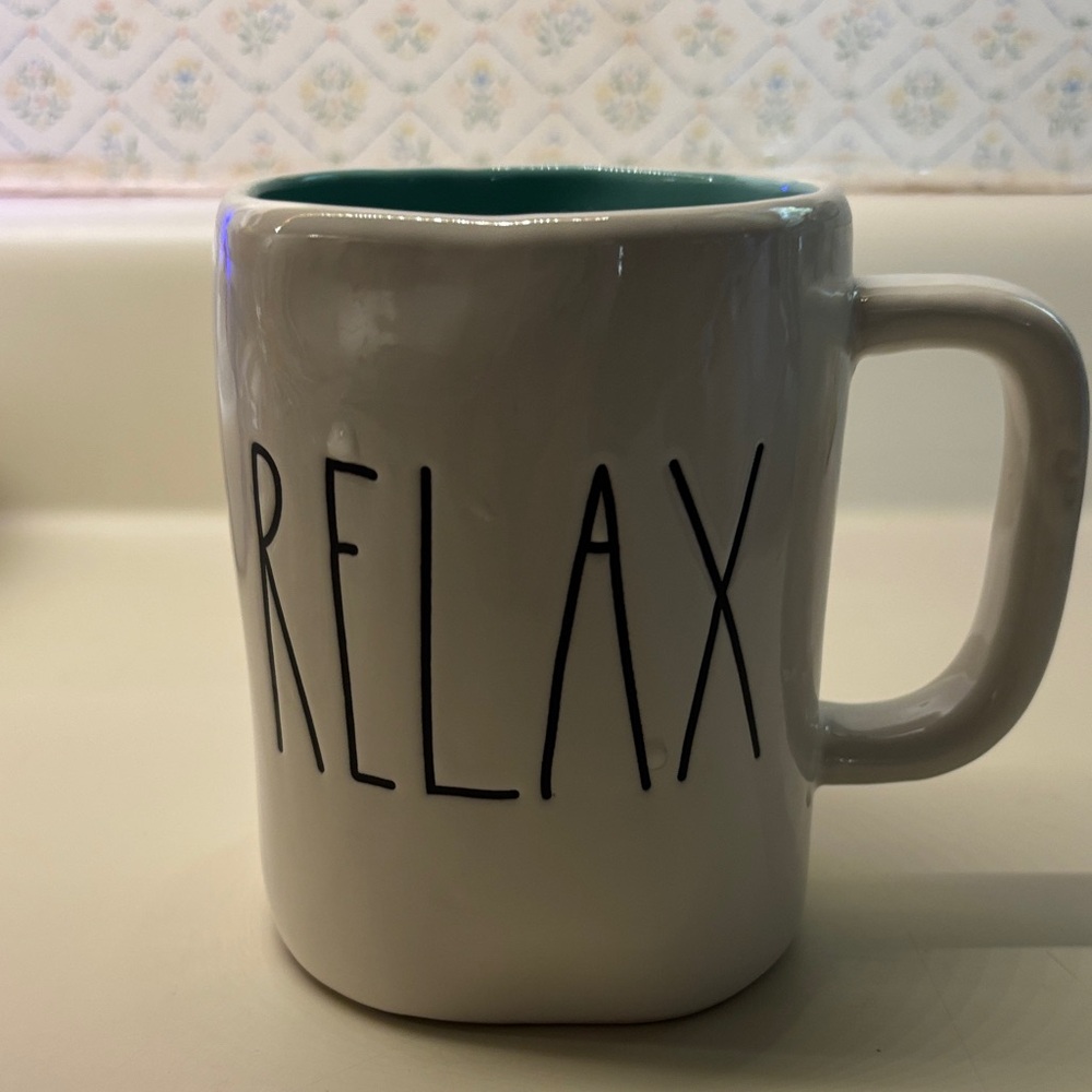 Rae Dunn Relax Mug with White and Teal Accents